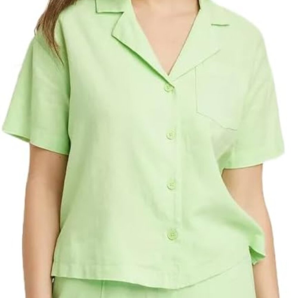 A New Day Linen Blend Button Down V-Neck Short Sleeve Casual Women’s Top Size XL